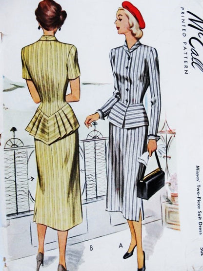 1940s STYLISH Peplum Jacket Suit Pattern McCALL 7188 Lovely Slim Skirt Back Pleated Peplum Jacket Bust 34 Vintage Sewing Pattern