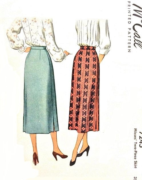 1940s  SLEEK Slim Skirt Pattern McCALL 7245 Easy To Make 2 Pc Skirt, Classic Design Waist 26 Vintage Sewing Pattern