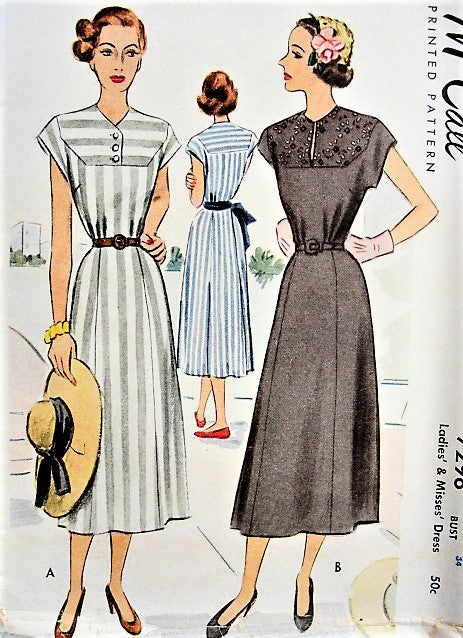 1940s CLASSIC Dress and Belt McCall 7298 Bust 34 Vintage Sewing Pattern