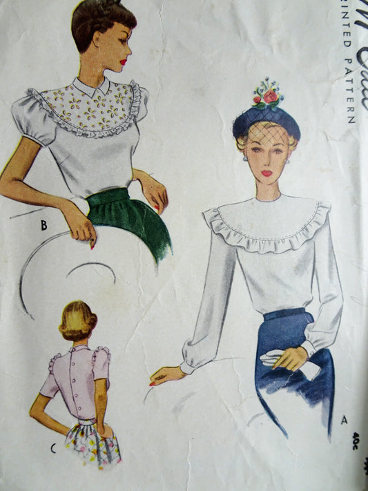 1940s ROMANTIC Blouse Pattern McCALL 7333 Three Pretty Styles, Button Back Tuck In Blouses,Bust 34 Vintage Sewing Pattern