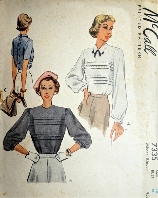 1940s BEAUTIFUL Blouse Pattern McCALL 7335 Layered Tucks, Button Back Blouses, Bust 34 vintage Sewing Pattern