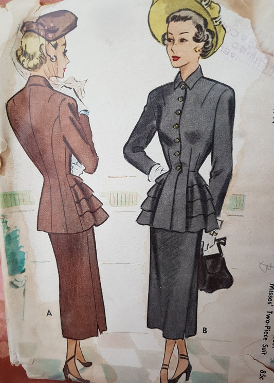 1940s BEAUTIFUL Suit Pattern McCALL 7395 Four Tier Peplum Fitted Jacket, Slim Skirt, Bust 30 Vintage Sewing Pattern