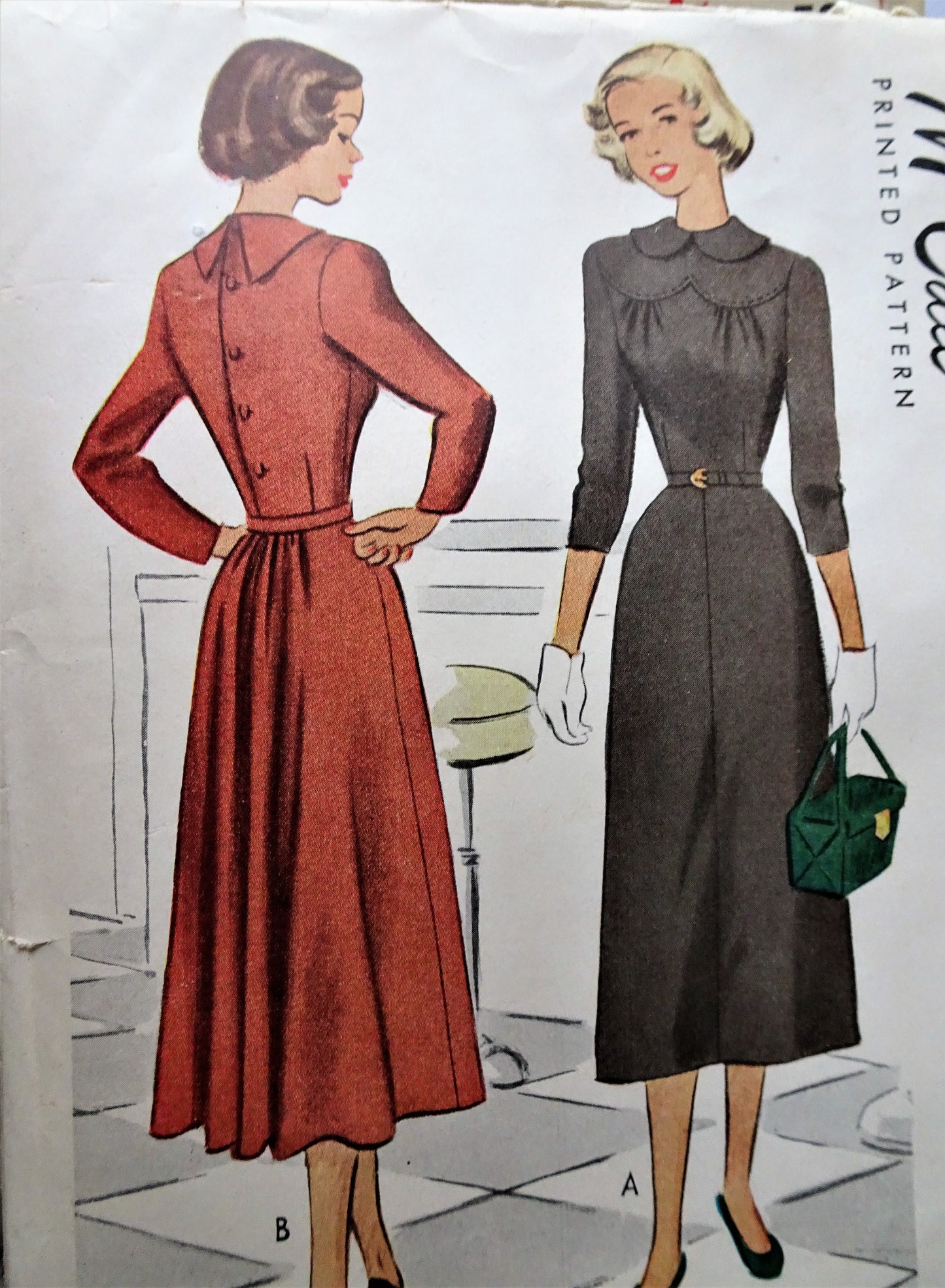 1940s PRETTY Dress Pattern McCALL 7448 Scalloped Yoke, Button Back, Back Fullness Bust 33 Vintage Sewing Pattern FF