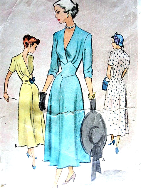 1940s BEAUTIFUL Dress Pattern McCALL 7693 Flattering Surplice Bodice Shaped Midriff Party Cocktail Dress Bust 32 Vintage Sewing Pattern