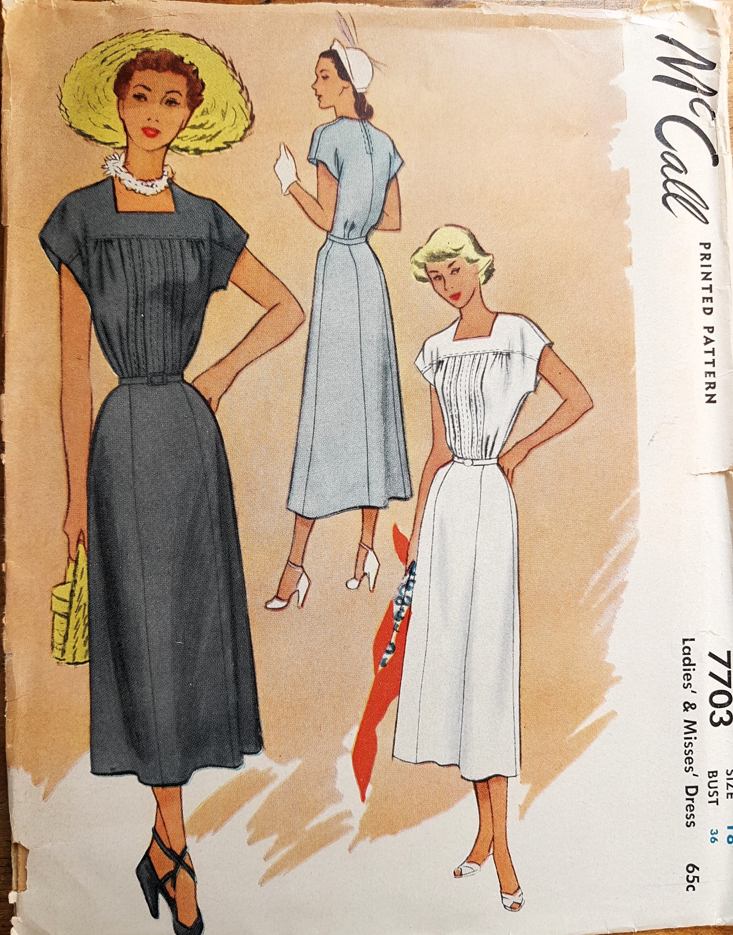 Late 1940s LOVELY Dress Pattern McCALL 7703 Pin Tucked Bodice, Figure Flattering Design Bust 36 Vintage Sewing Pattern FACTORY FOLDED