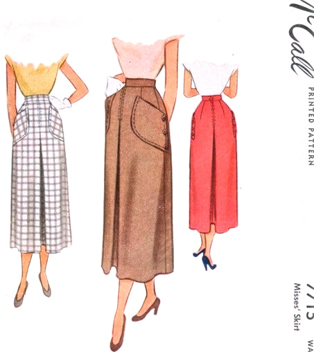 1940s CLASSY Skirt Pattern McCALL 7715 Large Pockets Skirt, Waist 28 Vintage Sewing Pattern