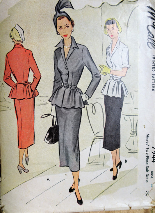 1950s FLATTERING Suit Dress Pattern McCALL 7944 Beautiful Jacket With Slim Skirt Day or Evening Bust 32 Vintage Sewing Pattern