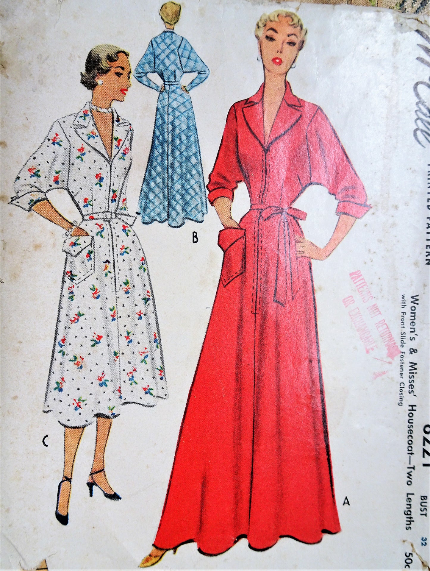 1950s GLAM Housecoat Robe Hostess Gown Pattern McCALL 8221 Beautiful Design Details Bust 32 Vintage Sewing Pattern