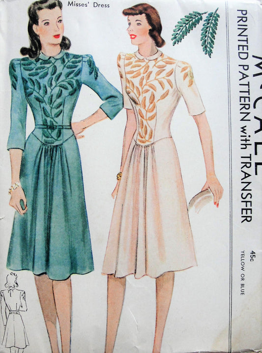 1940s Vintage LOVELY Dress and Belt McCALL 848 Stylish Style, Bust 36, Includes Embroidery Transfer Vintage Sewing Pattern