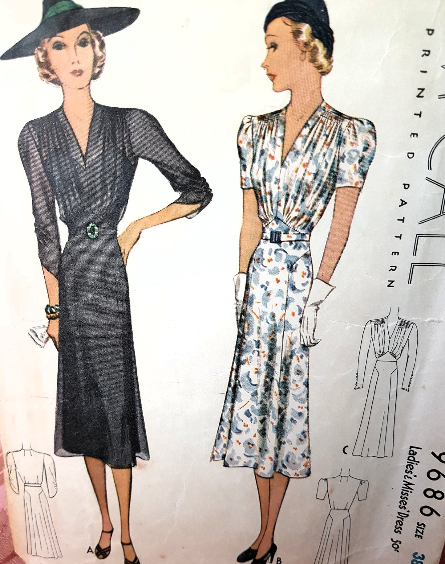 1930s BEAUTIFUL Day or Party Dress Pattern McCALL 9686 Lovely Design Details, Bust 38, Vintage Sewing Pattern