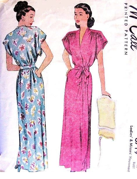 1940s LOVELY Housecoat  Robe Hostess Gown Pattern McCALL 6719 Beautiful Shirred Shoulders Surplice Wrap Negligee Bust 30 Vintage Sewing Pattern FACTORY FOLDED