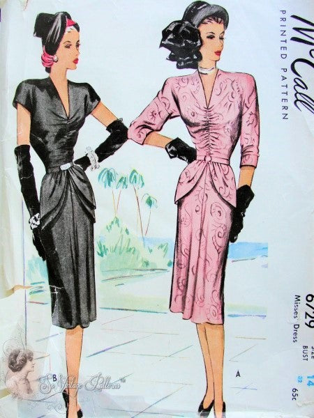 1940s Stunning Evening Cocktail Dress Pattern Low V Neckline, Shirred Bodice Shaped Single or Double Peplum Film Noir Style McCall 6729 Vintage Sewing Pattern Bust 32