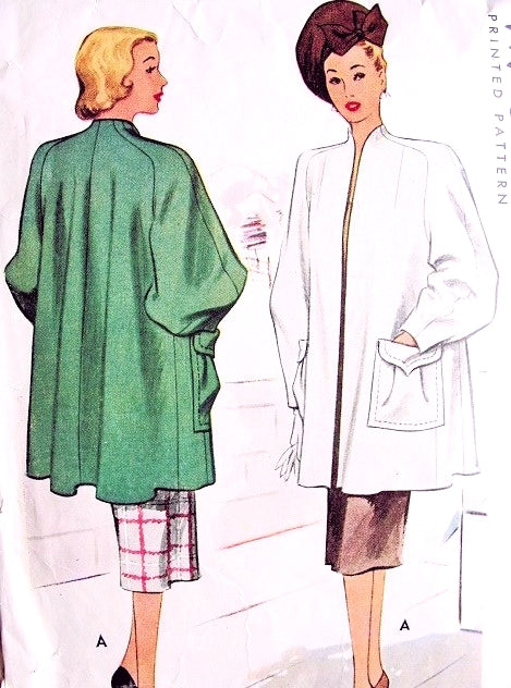 1940s DRAMATIC Joan Crawford Adrian Style Coat Pattern McCALL 6796 Swing Film Noir Era Three Quarter Length High Fashion Lantern Sleeves Bust 30 Vintage Sewing Pattern