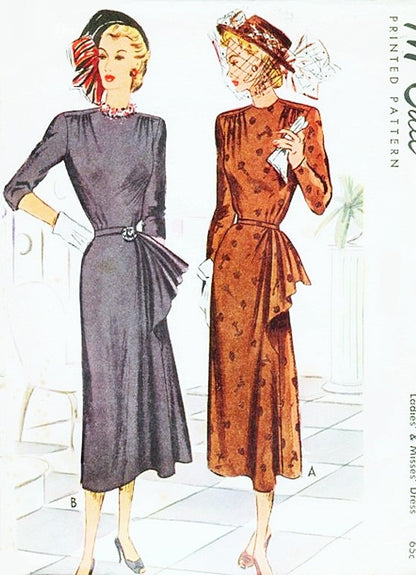 1940s FILM NOIR Dinner Cocktail Dress Pattern McCALL 7382 Stunning Cascade Fan Draped Evening Dress Bust 32 Vintage Sewing Pattern