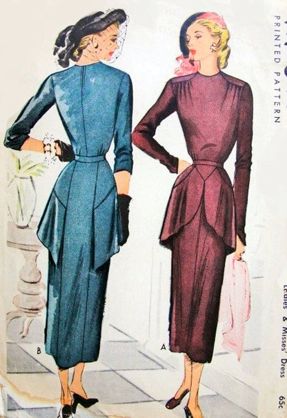 1940s Stunning Dress Pattern McCall 7450 Flim Noir Style Cocktail Dinner Dress With Overskirt Unique and Striking Design Bust 30 Vintage Sewing Pattern