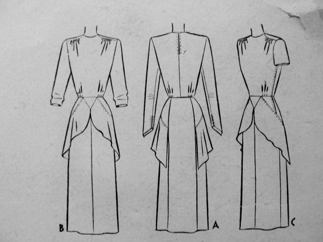 1940s Stunning Dress Pattern McCall 7450 Flim Noir Style Cocktail Dinner Dress With Overskirt Unique and Striking Design Bust 30 Vintage Sewing Pattern