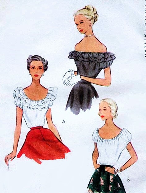 1940s Romantic Blouse Pattern McCall 7638 Scoop Neck or Off the Shoulder with Optional Ruffles Peasant Blouse 3 Bohemian Style Versions Vintage Sewing Pattern Bust 34