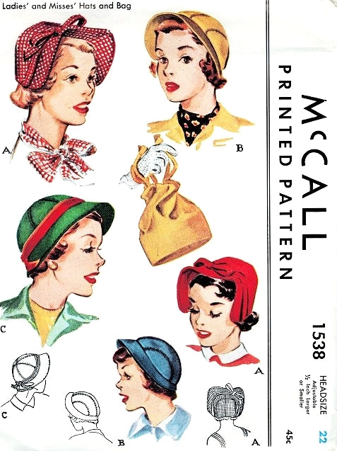 1950s Hats and Bag Purse Pattern McCALL 1538 Three Stylish Flirty  Hat Styles  and Bag Purse Vintage Sewing Pattern