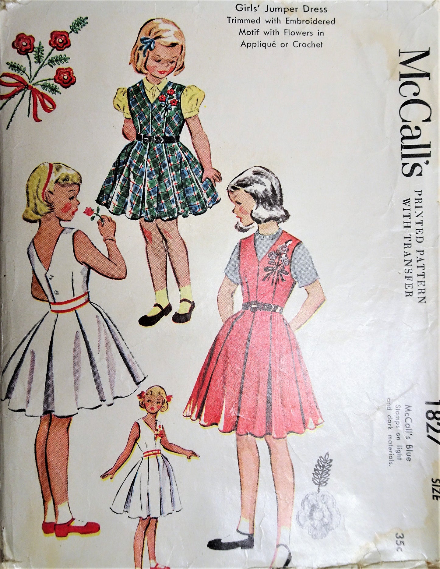 vintage childrens dress patterns 1950s ADORABLE Little Girls Jumper Pattern McCALLS 1827 Girls Dress with Transfer for Embroidery or Crocheted Flowers Size 6 Black Quinceanera Mom Dresses 1/7/2026 Size:19 - XXXL