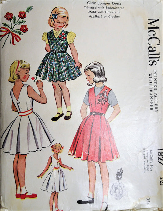 1950s ADORABLE Little Girls Jumper Dress Pattern McCALLS 1827  Girls Dress with Transfer for Embroidery or Crocheted Flowers Size 6 Vintage Childrens Sewing Pattern