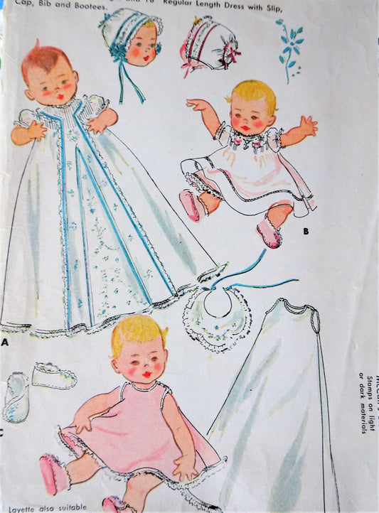 1950s INFANTS LAYETTE Pattern McCALLS 1969 Sweet Heirloom Baby Clothes Includes Christening Gown Dress, Slip, Cap Bonnet, Bib and Booties Vintage Sewing Pattern
