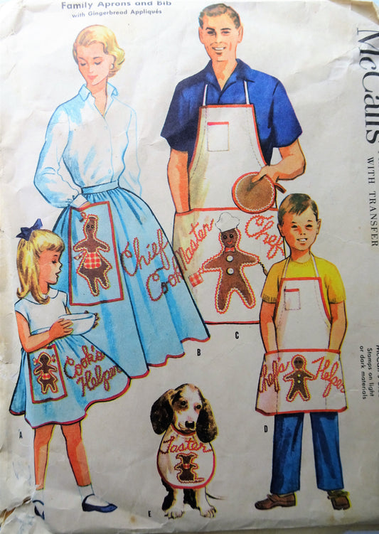1950s Vintage FUN Family Aprons and Bib with Gingerbread Appliqués McCalls 2062 Sewing Pattern