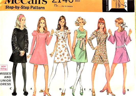 1960s MOD Cute Dress Pattern McCALLS 2146 Fabulous Five Versions Day or Party Styles ,Bust 36 Vintage Sewing Pattern UNCUT