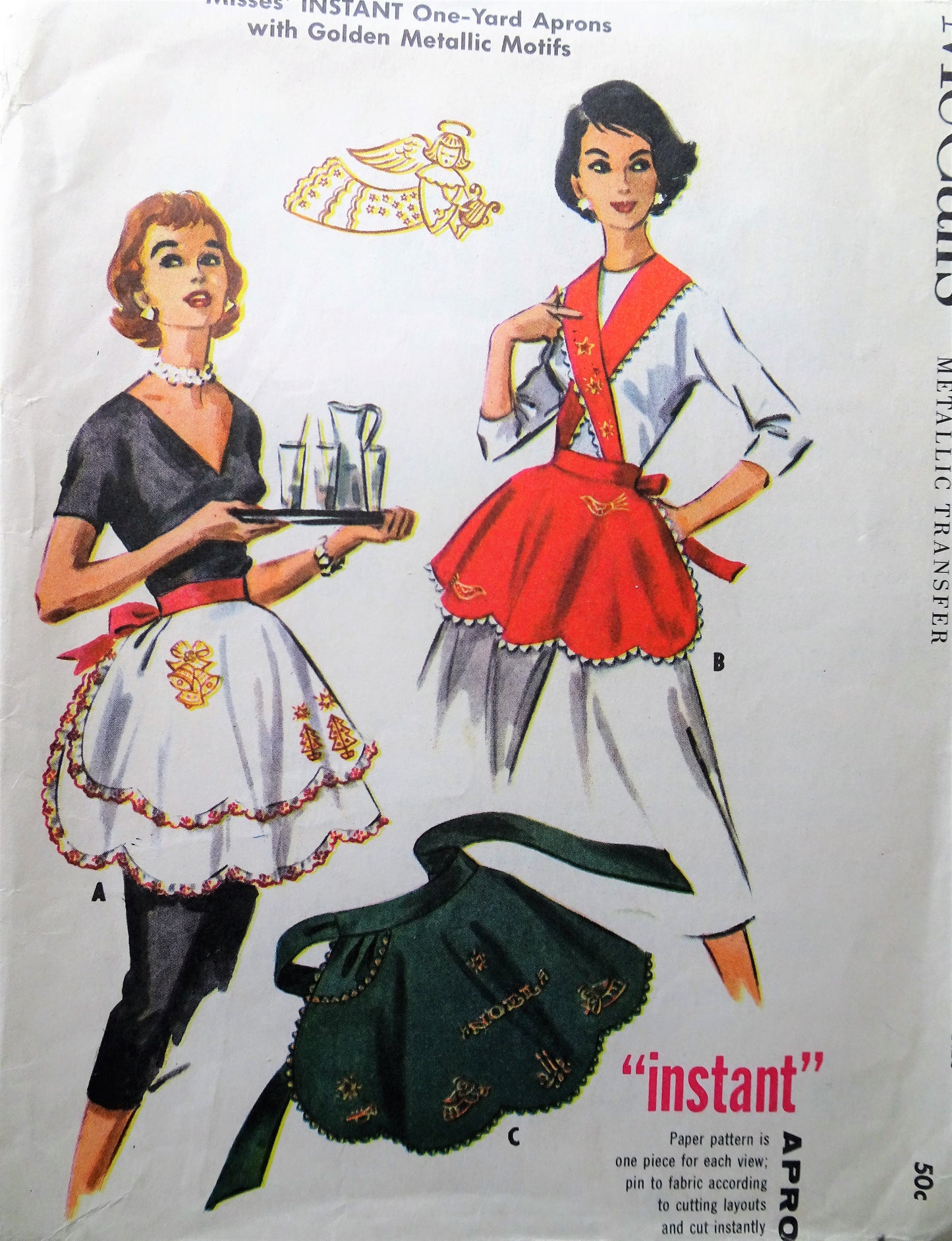 1950s Vintage HOLIDAY Themed Apron with Gold Metallic Transfers McCalls 2182 Sewing Pattern