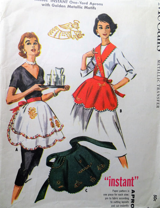 1950s Vintage HOLIDAY Themed Apron with Gold Metallic Transfers McCalls 2182 Sewing Pattern