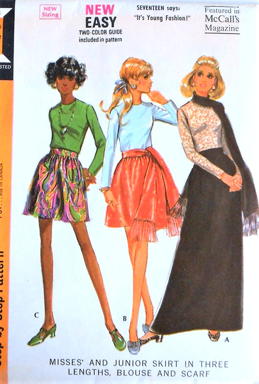 1960s McCALLS 2196 FAB Day or Evening Dirndl Skirt Blouse and Scarf Pattern  Three Skirt Lengths Mini Regular and Maxi Bust 34 Vintage Sewing Pattern UNCUT