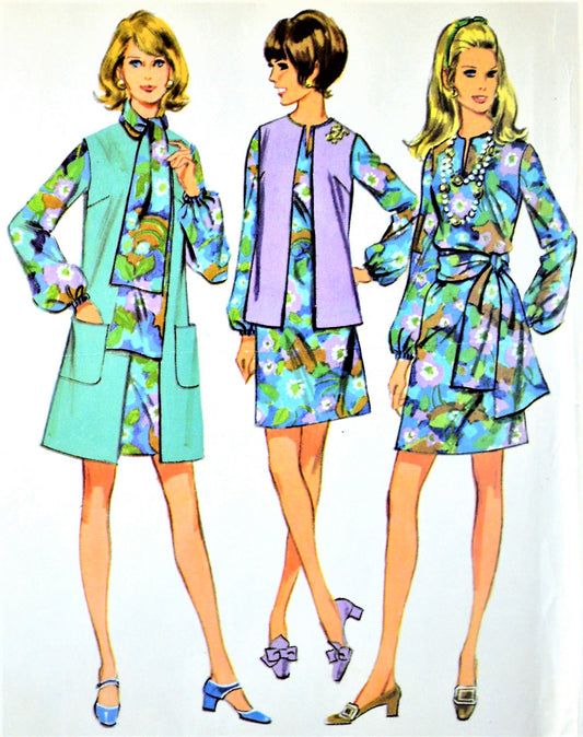 1960s MOD Dress,Sleeveless Coat or Jacket and Scarf Pattern McCALLS 2238 Lovely Balloon Sleeves,Three Looks Bust 34 Vintage Sewing Pattern FACTORY FOLDED