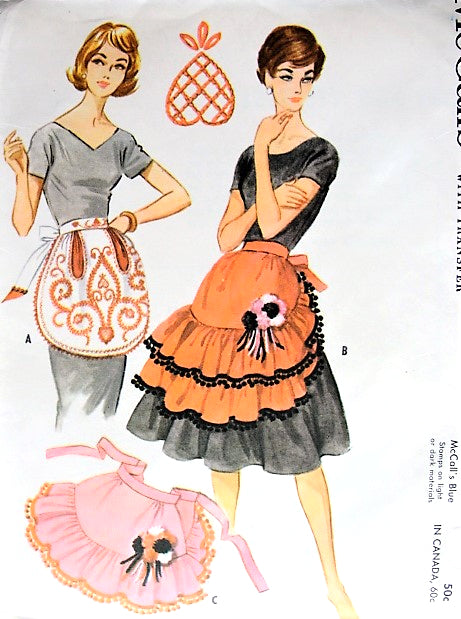 1960s FARMHOUSE Chic Hostess Aprons Pattern McCALLS 2406 Three Styles Ruffles or Beautiful Pennsylvania Dutch Folk Embroidery Version Includes Embroidery Transfer Vintage Sewing Pattern