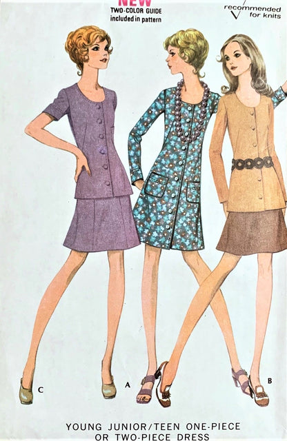 1970s Dress or 2 Pc Dress Pattern McCALLS 2559 Two Cute Styles Bust 30 Vintage Sewing Pattern UNCUT