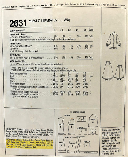 FAB 1970s Blouse and Skirt Pattern McCALLS 2631 Mini or Midi Front Wrap Skirts,Tuck In or Blouse, Bust 32 Vintage Sewing Pattern UNCUT