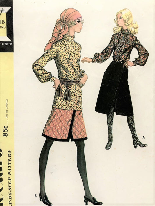 FAB 1970s Blouse and Skirt Pattern McCALLS 2631 Mini or Midi Front Wrap Skirts,Tuck In or Blouse, Bust 32 Vintage Sewing Pattern UNCUT