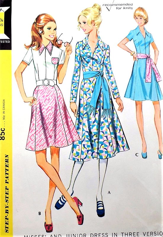 1970s McCALLS 2648 Day or Party Dress and Sash Flirty Gored Skirt 3 Versions Bust 34 Vintage Sewing Pattern UNCUT