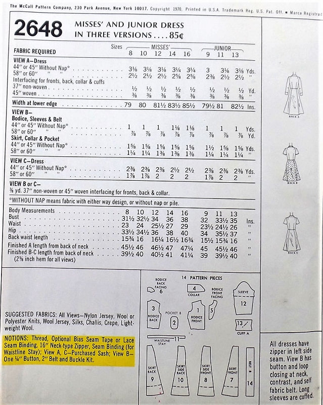 1970s McCALLS 2648 Day or Party Dress and Sash Flirty Gored Skirt 3 Versions Bust 34 Vintage Sewing Pattern UNCUT