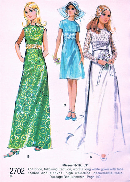 1970s BEAUTIFUL Wedding Gown Bridal Dress Pattern McCALLS 2702 Three Versions Bust 34 Easy To Sew Vintage Sewing Pattern UNCUT