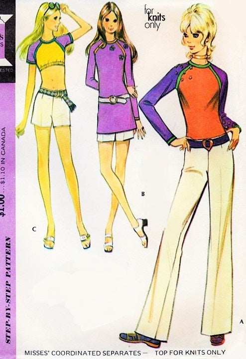 1970s Hip Huggers Pants, Shorts Hotpants and Tops Pattern McCalls 2890 Cute 70s Styles Midriff ,Tunic  and Tuck In Top Vintage Sewing Pattern UNCUT