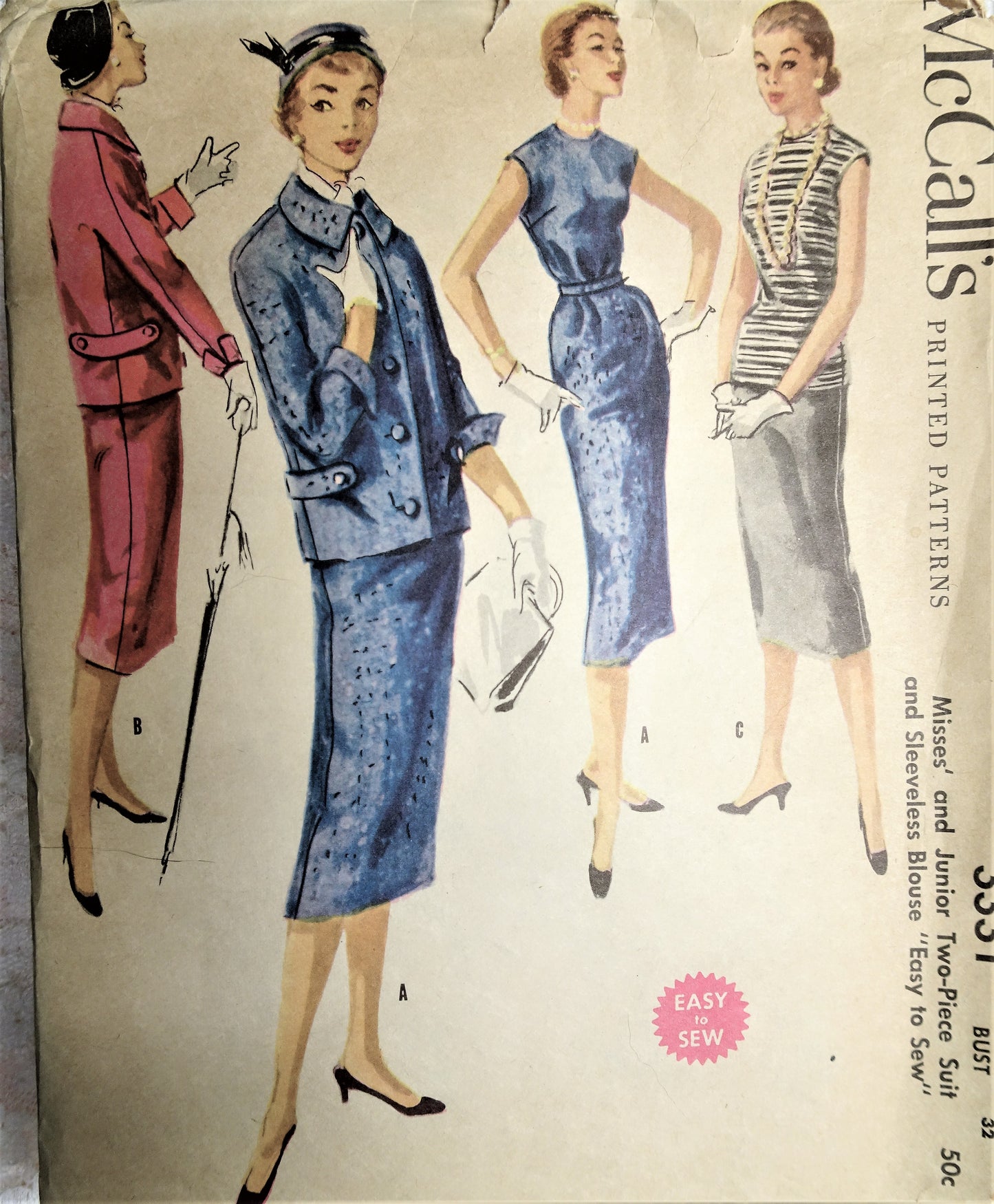 1950s STYLISH Easy To Sew 2Pc Suit and Blouse Pattern McCALLS 3331 Tuck in or Overblouse, Slim Skirt, Fab Jacket Details Bust 32 Vintage Sewing Pattern