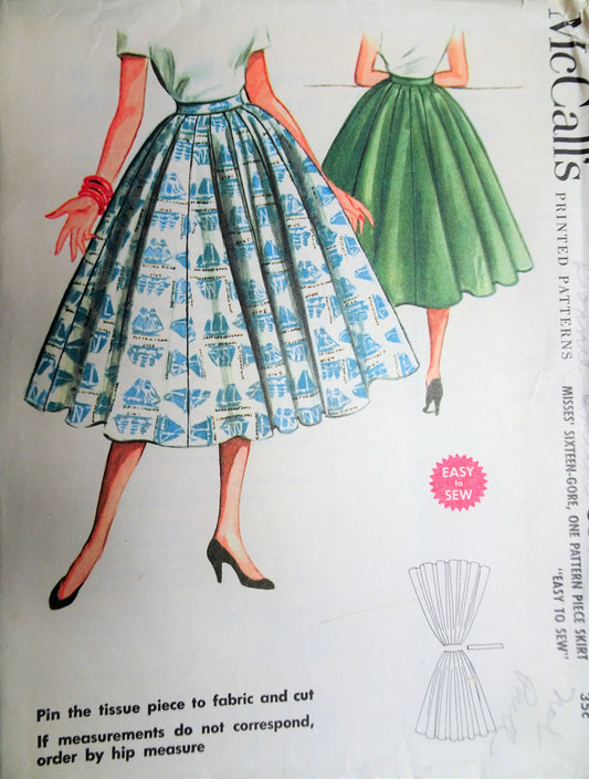 1950s LOVELY Sixteen Gore Full Skirt Pattern McCALLS 3553 Easy To Sew Skirt Waist 26 Vintage Sewing Pattern