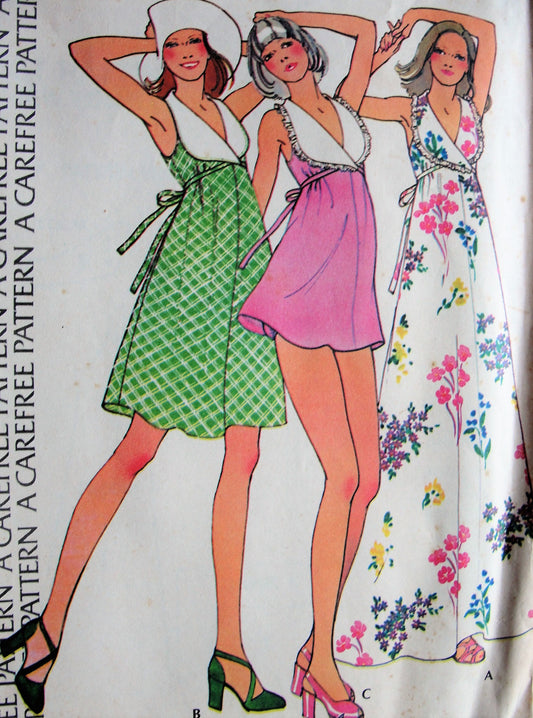 1970s Retro FLIRTY Dress in Three Lengths Maxi Mid or Micro Mini with Dance Pants McCalls 3561 Vintage Sewing Pattern Bust 32 1/2