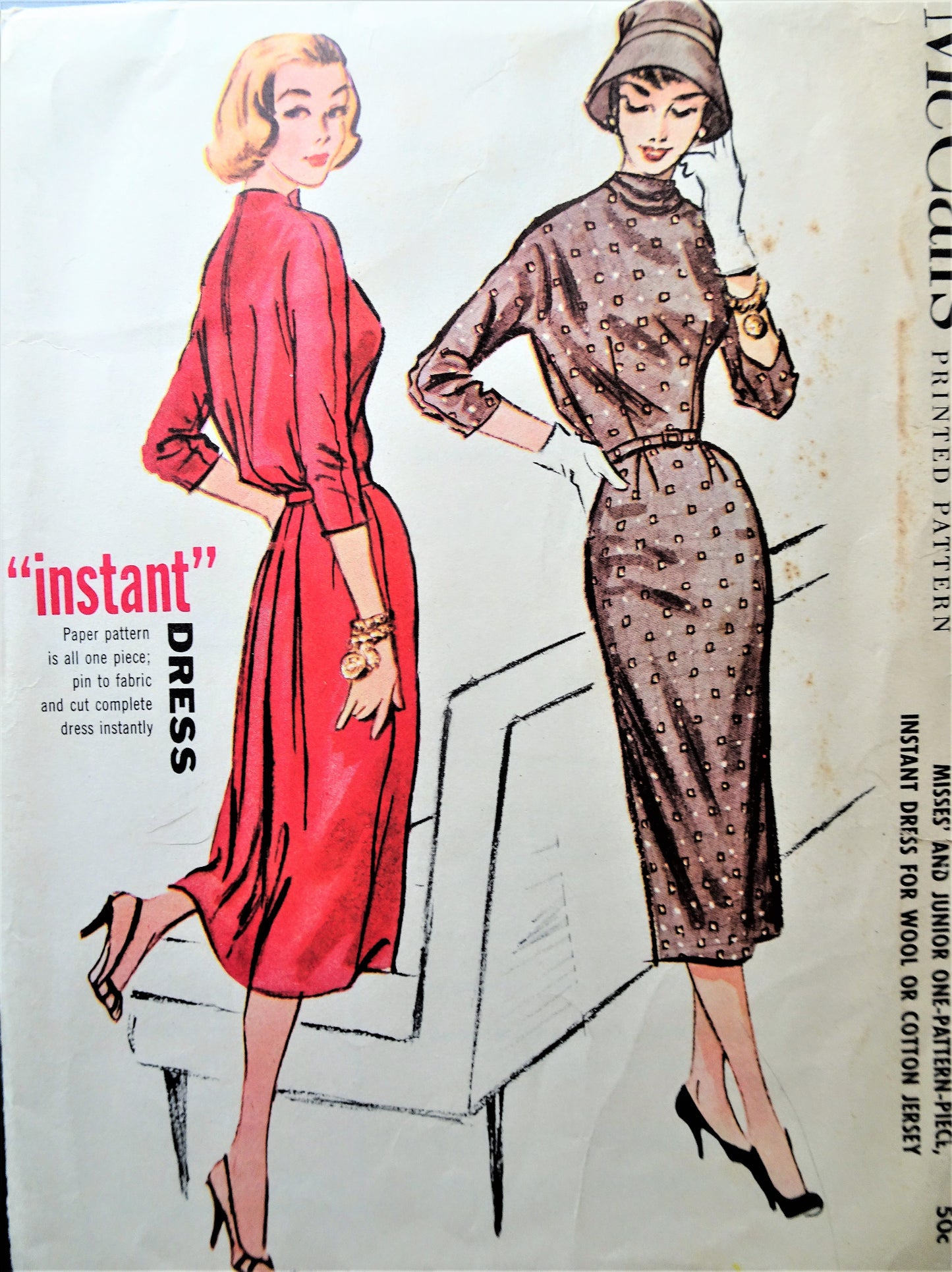1950s LOVELY Slim Dress Pattern McCALLS 3784 'Instant' Dress One Pattern Piece For Wool or Cotton Jersey,Bust 32 Vintage Sewing Pattern