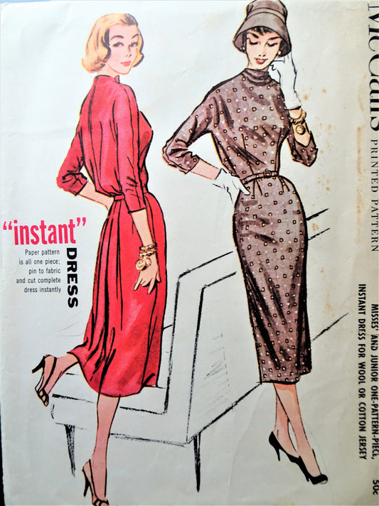 1950s LOVELY Slim Dress Pattern McCALLS 3784 'Instant' Dress One Pattern Piece For Wool or Cotton Jersey,Bust 32 Vintage Sewing Pattern