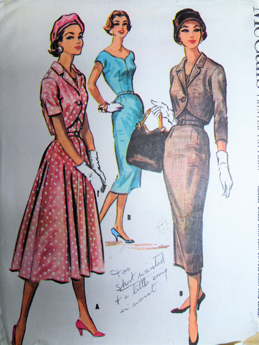 1950s FABULOUS Slim or Full Skirt Dress and Jacket Pattern McCALLS 3991 Day or Evening Lovely Shaped Neckline Shortie Jacket Bust 34 Vintage Sewing Pattern