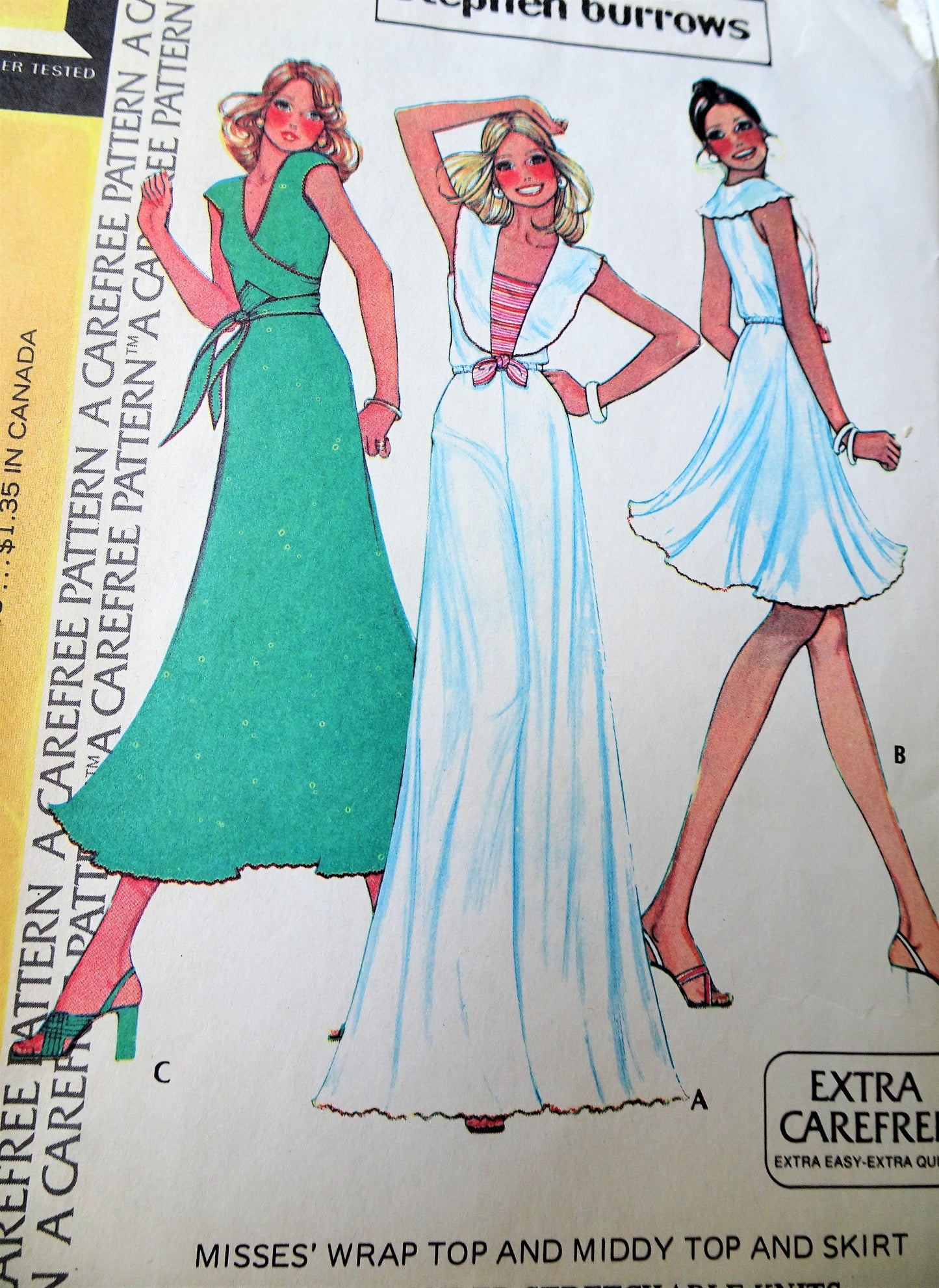 1970s FABULOUS Designer Stephen Burrows Wrap Top , Middy Top and Skirt Pattern McCALLS 4092 Mini, Midi or Maxi Skirt, Bust 34 Vintage Sewing Pattern FACTORY FOLDED