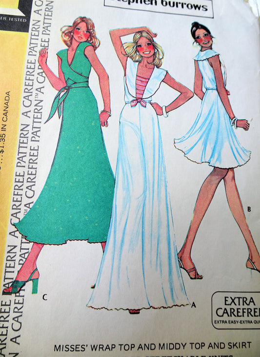 1970s FABULOUS Designer Stephen Burrows Wrap Top , Middy Top and Skirt Pattern McCALLS 4092 Mini, Midi or Maxi Skirt, Bust 34 Vintage Sewing Pattern FACTORY FOLDED