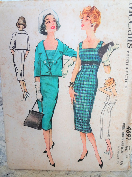 1950s CLASSY Day or Cocktail Party Sheath Dress and Jacket Pattern McCALLS 4691 Stunning Empire Slim Dress, Boxy Jacket Bust 32 Vintage Sewing Pattern