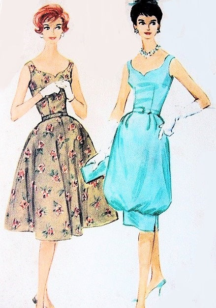 1960 FABULOUS Cocktail Evening Dress McCALLS 5320 Lovely Heart Shaped Neckline, Choice of 4 Gore Skirt or Interesting 3 Gore Hobble Skirt Bust 32 Vintage Sewing Pattern