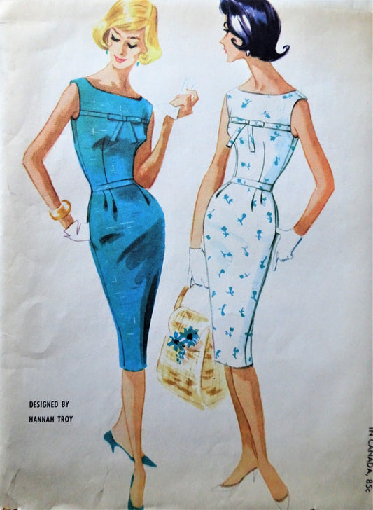 1960 BEAUTIFUL Designer Hannah Troy Dress Pattern McCALLS 5413 Slim Boat Neckline Dress, Day or Cocktail Party Dress, Bust 33 Vintage Sewing Pattern